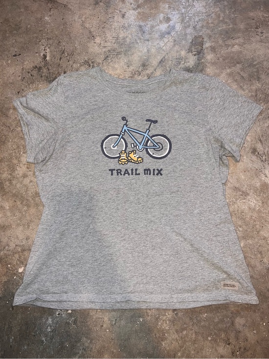 Life Is Good Tops - Life Is Good Heather Gray Tee with Blue Bike and Yellow Boots Graphic
